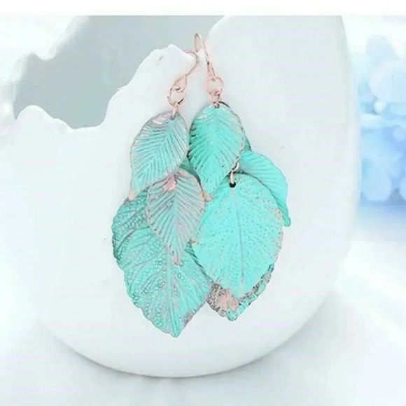 Handmade Blue Green Patina Leaves Dangle Earrings - Picture 2 of 5